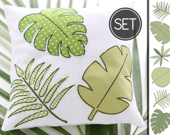 Conjunto de diseño de bordado de hojas tropicales de 13x18 pulgadas - Patrón de bordado de apliques estilo doodle, motivos de bordado de hojas de plantas Monstera, selva, palmera, hojas de palma