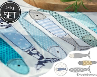 Stickdatei Fisch 10x10 (4x4) Set - 4 maritime Doodle Applikation Stickmuster - Sardinen, Sommer, Meer,