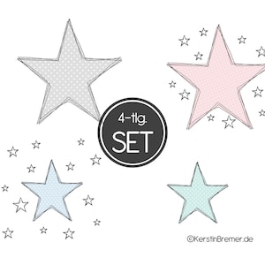 Könnte beinhalten: Ein Set mit vier sternförmigen Aufklebern mit einem gepunkteten Muster. Die Sterne sind in den Farben Grau, Rosa und Blau. Der Text "4-tlg. SET" ist auf einem schwarzen Kreis gedruckt.