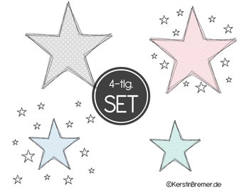 Juego de estrellas de archivo de bordado 18x30 (7x12) - Patrón de bordado de apliques de doodle de 4 estrellas
