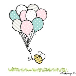 May include: A cartoon bee holding onto a bunch of colorful balloons with polka dot, striped, and solid patterns. The balloons are floating above a green grass field.