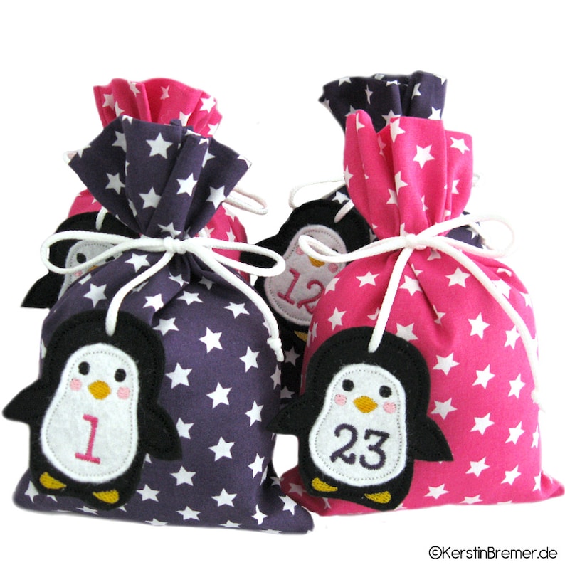 Pinguin Adventskalenderzahlen ITH Sickdatei. Adventskalender Zahlen Anhänger perfekt für Kinder, Sie und Ihn, Mama, Papa, Oma & Opa. ITH Stickmuster für Stickmaschinen.