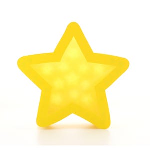 May include: A bright yellow star-shaped light fixture with a smooth, solid border and a translucent center panel. The interior of the star emits a soft, diffused glow, highlighting the five-pointed geometric shape of this decorative lighting object.