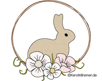 Archivo de bordado corona de primavera 10x10 marco de bordado Decoración de Pascua Corona de Pascua, conejo con flores en la corona, aplicación de garabato Primavera y Pascua