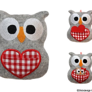 May include: Three gray felt owls with embroidered eyes and beaks. Each owl has a red and white checkered heart on its chest. The heart on the middle owl is filled with a red heart. The heart on the right owl is filled with a smaller gray owl.