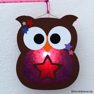 Eule Laterne Bastelvorlage Kinderlaterne PDF Datei zum Ausdrucken und selber basteln. DIY für St. Martin Laternenumzug, Kinderzimmer Dekoration oder Mottoparty Kindergeburtstag.