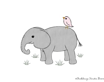 Stickdatei Elefant mit Vogel 13x18 (5x7) Doodle Applikation Stickmuster