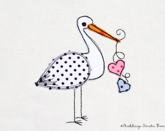 Embroidery File Stork with Heart 10x10 (4x4) Doodle Applique, Rattle Stork - for Mother's Pass, U-Booklet Sleeves, Pregnancy, Birth,