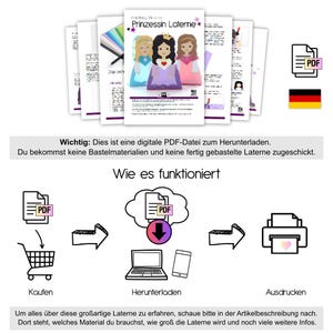 May include: A digital PDF download for a princess lantern craft project. The image shows a colorful illustration of a princess lantern with instructions on how to make it. The text on the image says "Prinzessin Laterne" which is German for "Princess Lantern".