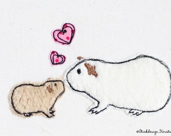 Stickdatei Meerschweinchen Love 10x10 (4x4) Doodle Applikation Stickmuster für Stickmaschinen, Baby Meerschweinchen mit Mama und Herz