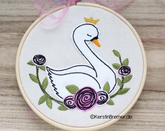 Embroidery file swan 10x10 (4x4) | Doodle Applique Embroidery Design | Swan princess, swan princess with roses and crown