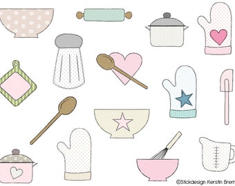 Embroidery file kitchen utensils 13x18 (5x7) set - Doodle application embroidery pattern kitchen, baking, cooking, cooking, cooking spoon, pot, rolling pin, bowl,
