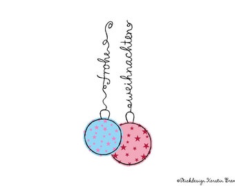 Archivo de bordado Feliz Navidad Letras 10x10 con bolas de Navidad - Aplicación Doodle patrón de bordado para tu decoración de invierno