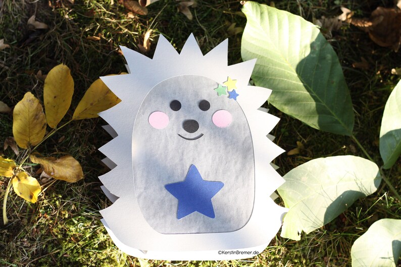 May include: A paper cutout of a hedgehog with a white spiky back and a light gray face. The face features two black circular eyes, a small black nose, a curved black mouth, and two pink circular cheeks. A blue star is centered on the belly.