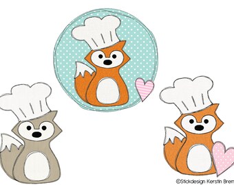 Archivo de bordado Fox cocina 13x18 (5x7) Set - 3 Doodle Applique bordado patrón - cocinar, hornear,