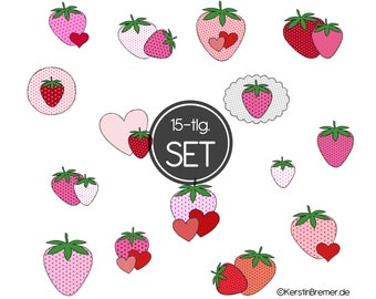 Stickdatei Set Erdbeeren 10x10 (4x4) - 15 Doodle Applikation Stickmuster für Frühling und Sommer