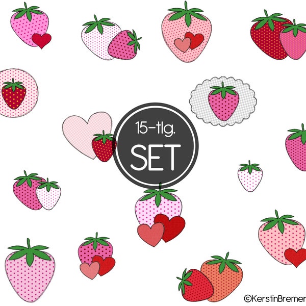 Stickdatei Set Erdbeeren 13x18 (5x7) Doodle Applikation Stickmuster für Frühling und Sommer - 15 Stickdateien
