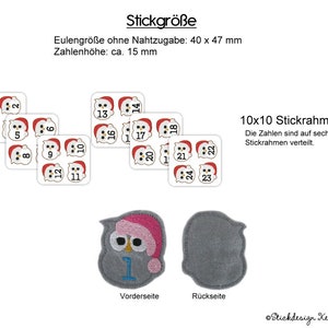 ITH Stickdatei Adventskalenderzahlen Anhänger Nikolaus Eule Adventskalender Zahlen In the Hoop Stickmuster für Stickmaschinen Bild 2