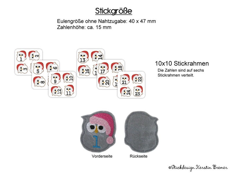 ITH Stickdatei Adventskalenderzahlen Anhänger Nikolaus Eule Adventskalender Zahlen In the Hoop Stickmuster für Stickmaschinen Bild 2