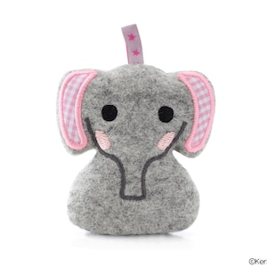 May include: A grey felt elephant with pink gingham ears and black embroidered eyes. The elephant has a small pink nose and a black embroidered trunk.