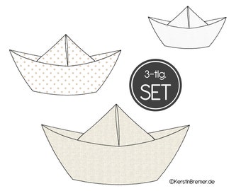 Stickdatei Papierboot 10x10 (4x4) Set - 3 maritime Doodle Applikation Stickmuster - Papierschiff, Boot, Schiff,