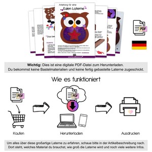 May include: A digital download PDF file for a DIY owl lantern craft project. The image shows a colorful owl with a star on its chest, and the text "Anleitung f&uuml;r eine Eulen Laterne" (Instructions for an owl lantern).