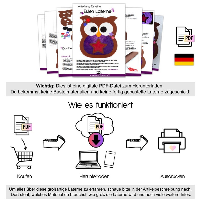 May include: A digital download PDF file for a DIY owl lantern craft project. The image shows a colorful owl with a star on its chest, and the text "Anleitung f&uuml;r eine Eulen Laterne" (Instructions for an owl lantern).