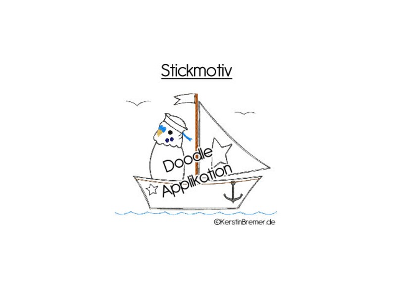 Stickdatei Wellensittich Matrose 13x18 5x7 maritime Doodle Applikation Stickmuster Sittich, Vogel mit Schiff Bild 2