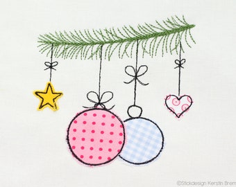 Stickdatei Christbaumkugeln 10x10 (4x4) Doodle Applikation Stickmuster - Weihnachtskugeln mit Tannenzweig, Herz und Stern