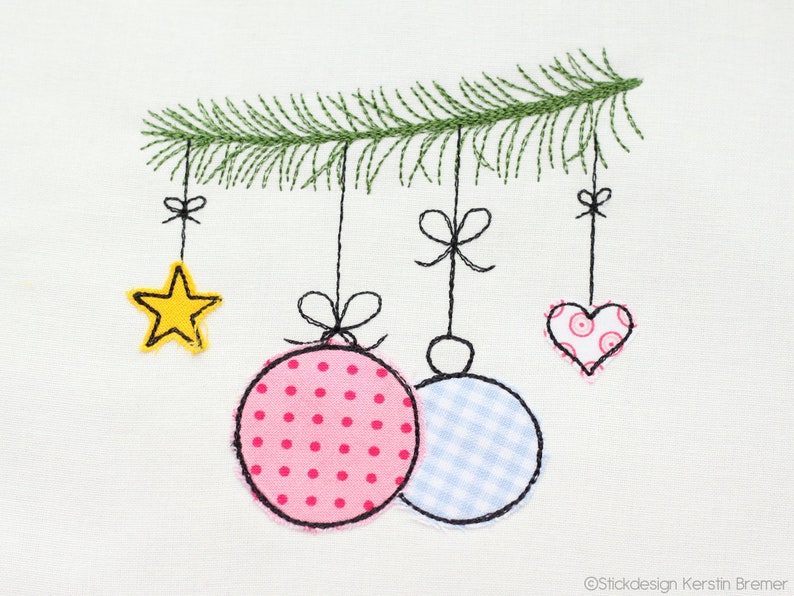 Stickdatei Christbaumkugeln 10x10 4x4 Doodle Applikation Stickmuster Weihnachtskugeln mit Tannenzweig, Herz und Stern Bild 1