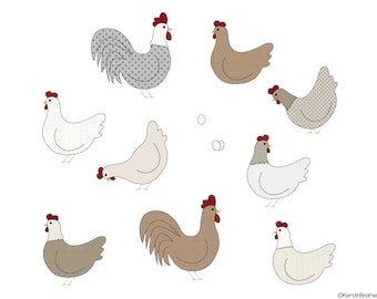 Archivo de bordado Pollos 10x10 (4x4) Patrón de bordado de apliques Doodle para primavera y Pascua - Pollo, gallina y gallo