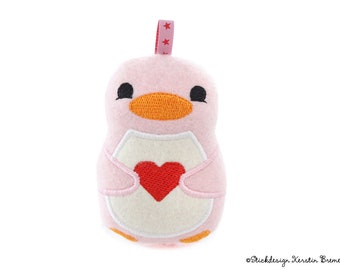 ITH embroidery file penguin with heart - In The Hoop Embroidery pattern for embroidery machines - pendant, key ring, stuffed animal & decoration