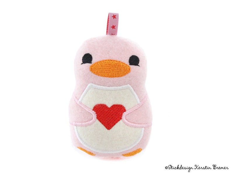 ITH embroidery file penguin with heart In The Hoop Embroidery pattern for embroidery machines pendant, key ring, stuffed animal & decoration image 1