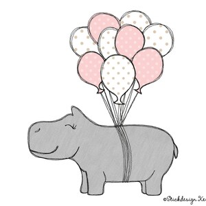 Embroidery file hippopotamus with balloons 10x10 4x4 Doodle application embroidery pattern hippopotamus with balloons image 1