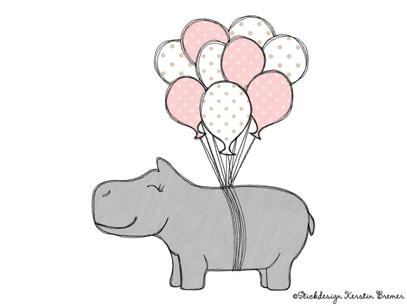 Embroidery file hippopotamus with balloons 10x10 4x4 Doodle application embroidery pattern hippopotamus with balloons image 1