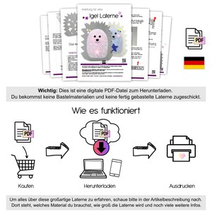 May include: A digital PDF instruction guide for crafting a hedgehog lantern, featuring multiple pages with text and illustrations. The cover displays a pink and grey hedgehog design with stars, and the document outlines steps for assembly and materials.