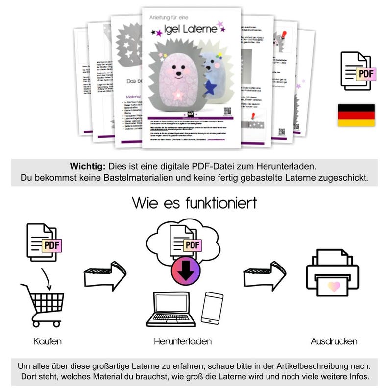 May include: A digital PDF instruction guide for crafting a hedgehog lantern, featuring multiple pages with text and illustrations. The cover displays a pink and grey hedgehog design with stars, and the document outlines steps for assembly and materials.