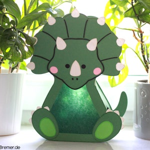 Dino lantern SVG DXF plotter file with craft instructions for download, Martin's lantern template Dinosaur Triceratops St. Martin craft DIY