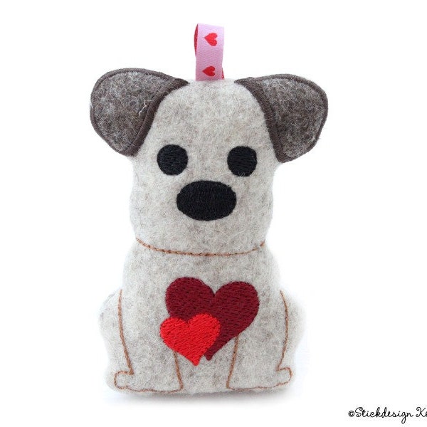 ITH Embroidery File Dog 10x10 (4x4) with Hearts - Pendant, Keychain, Stuffed Animal & Decoration