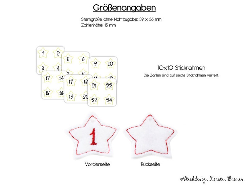 ITH Stickdatei Adventskalenderzahlen Anhänger Set Stern 10x10 für DIY Adventskalender Bild 2