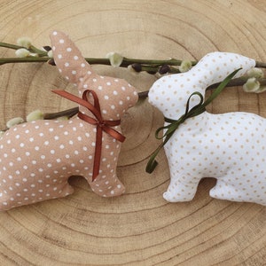 Op de afbeelding: Twee stoffen konijnen met witte stippen op een beige en witte achtergrond. Elk konijn heeft een strik. De achtergrond omvat een houten oppervlak en katjes.