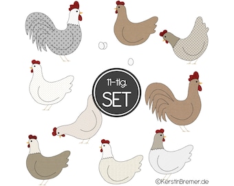 Embroidery file set chickens 13x18 (5x7) Doodle application embroidery pattern for spring and Easter - 11 embroidery files - chicken, hen and rooster