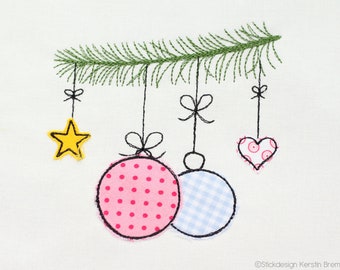 Embroidery file Christmas tree balls 13x18 (5x7) Doodle application embroidery pattern - Christmas balls with fir branch, heart and star