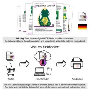 Pode incluir: Um arquivo PDF para download digital para um projeto de artesanato de lanterna Stegosaurus. A imagem mostra um Stegosaurus verde e branco com uma luz dentro. O texto na imagem diz "Anleitung f&uuml;r eine Stegosaurus Laterne", que se traduz como "Instru&ccedil;&otilde;es para uma lanterna Stegosaurus".