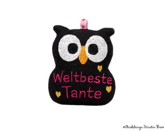 ITH embroidery file owl world best aunt, In the Hoop embroidery pattern owl pendant, keychain, gift for the aunt
