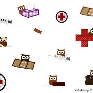 Può includere: Un set di illustrazioni mediche a tema gufo marrone. Le illustrazioni includono una siringa, una benda, un kit di pronto soccorso, una croce rossa e un gufo marrone con una benda sull'ala.