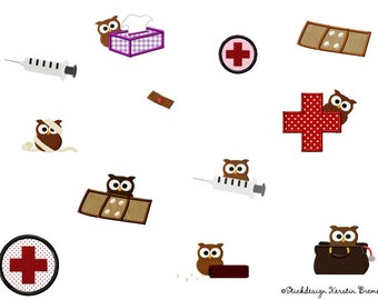 Embroidery file first aid owl 10x10 (4x4) set - 12 embroidery pattern - syringe, plaster, globuli, doctor's bag, cross, handkerchief box, bandage and much more