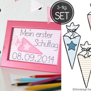 May include: A pink picture frame with a white background and black text that reads "Mein erster Schultag 08.09.2014". The frame is decorated with a pink and white embroidered school cone. The image also includes three different school cones with embroidered designs.