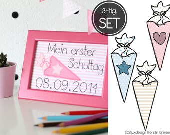 May include: A pink picture frame with a white background and black text that reads "Mein erster Schultag 08.09.2014". The frame is decorated with a pink and white embroidered school cone. The image also includes three different school cones with embroidered designs.