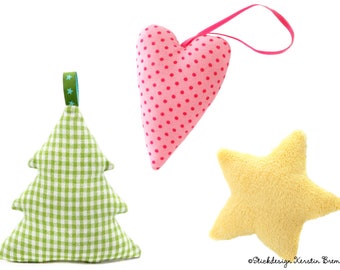 Archivo de bordado ITH Percha de Navidad 10x10 Patrón de bordado colgante de árbol de Navidad, estrella y corazón